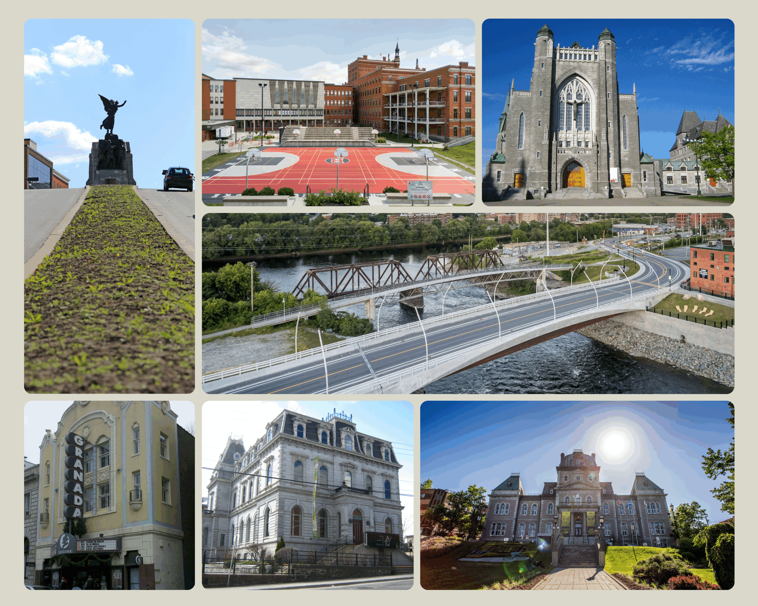 7 images montrant des bâtiment et monuments phrases de la Ville de Sherbrooke